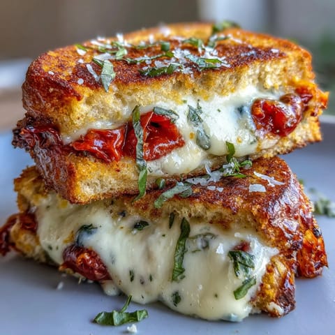 Golden Pizza Margherita Grilled Cheese bursting with melted mozzarella and fresh basil.