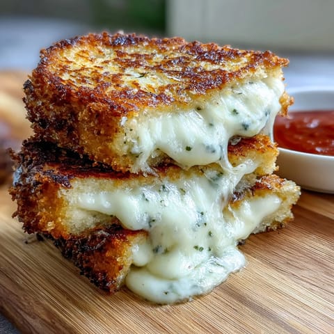 Crispy Mozzarella Stick Grilled Cheese sandwich, golden and melty, ready for a savory bite.