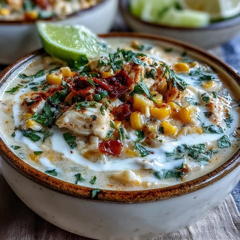 Creamy Street Corn Chicken Chowder topped with crumbled Cotija cheese and cilantro.