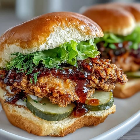 Crispy Hot Honey Chicken Sandwich with spicy drizzle and pickles on a bun.