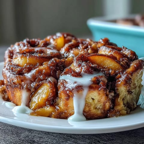 Gooey peach cobbler cinnamon roll casserole oozing with warm icing and caramel swirls.