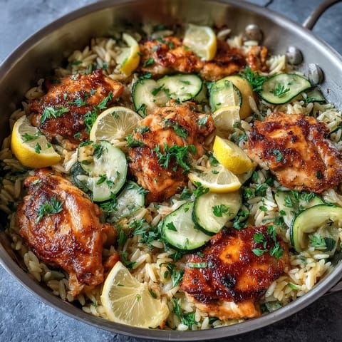 Bright One-Pan Lemon Chicken and Zucchini Orzo dish, vibrant with fresh ingredients.