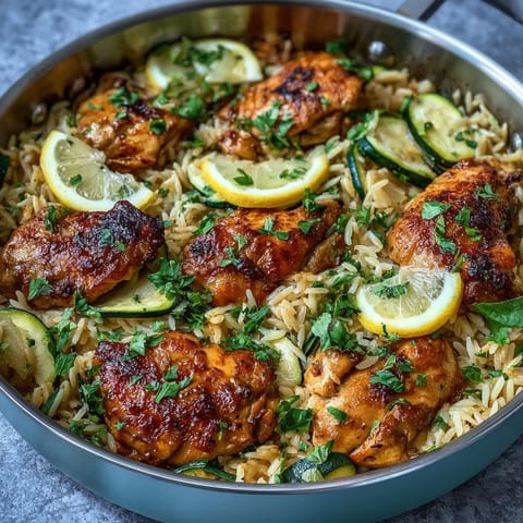 Tender seared chicken atop colorful zucchini orzo, a zesty one-pan wonder.