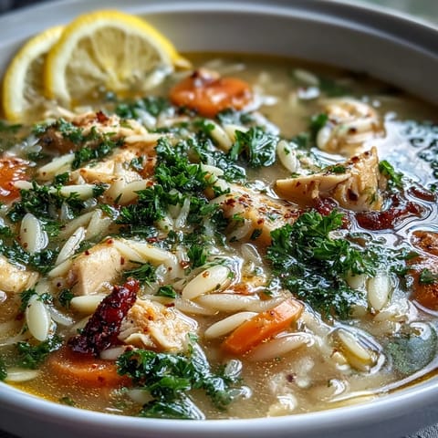 A steaming bowl of Mediterranean Lemon Chicken Soup with tender orzo and aromatic herbs.