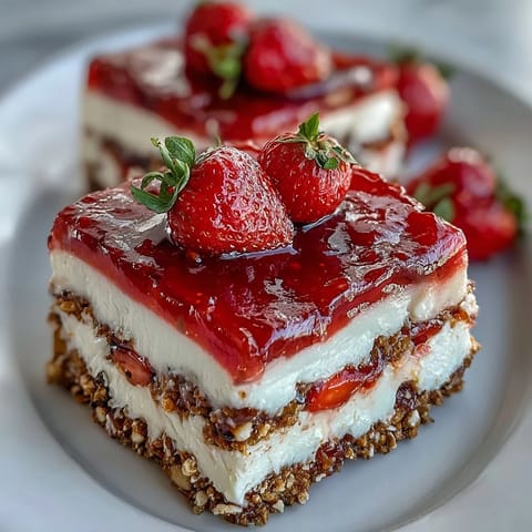A vibrant strawberry pretzel jello salad, layered with fruit and a sweet crust.
