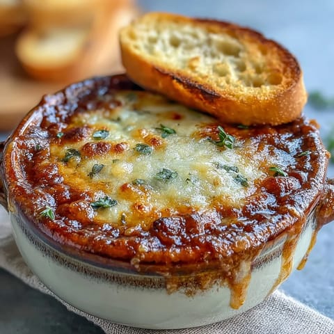 Melted Gruyère crowns this rich French onion tomato soup, bubbling hot.