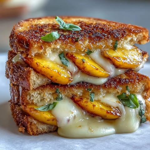Perfectly golden Peach Hot Honey Grilled Cheese oozing with melted cheese.