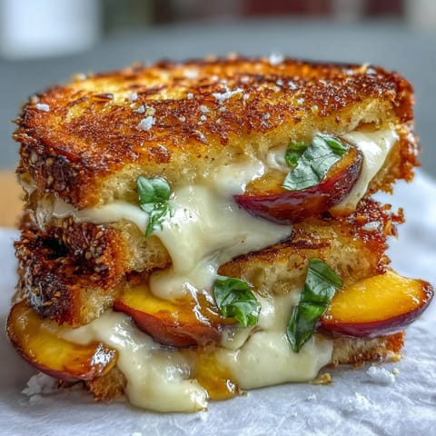 Juicy peaches and hot honey create a sweet and spicy grilled cheese delight.