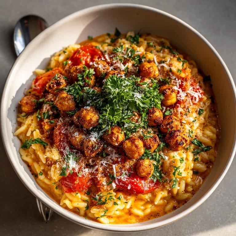 Close-up of Creamy Tomato Orzo with crispy chickpeas, steam rising, freshly served for dinner.