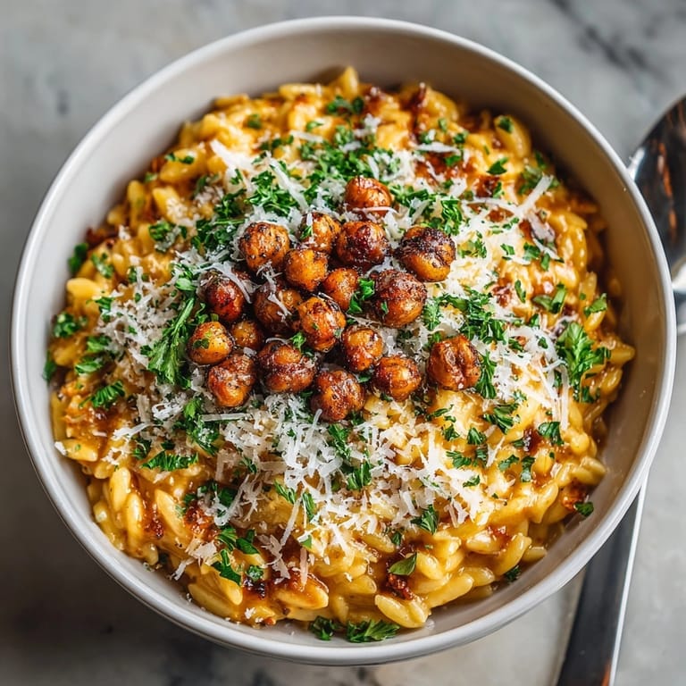Making Creamy Tomato Orzo with Crispy Chickpeas: sautéing tomatoes, herbs, and orzo for flavorful weeknight meal.