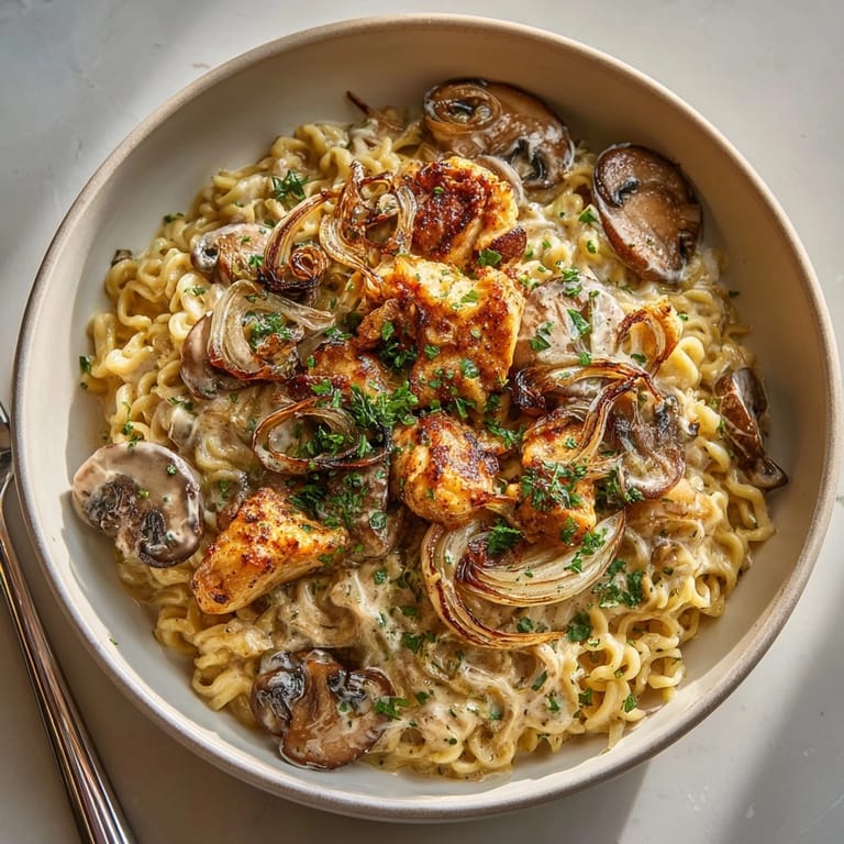 Imagine a delicious creamy mushroom stroganoff ramen, topped with fresh herbs and ready to eat!