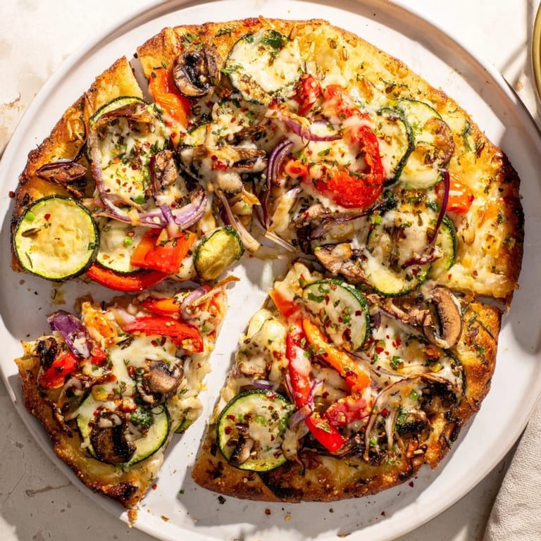 Imagine a spicy and vibrant Cajun Roasted Veggie Pizza, hot from the oven.