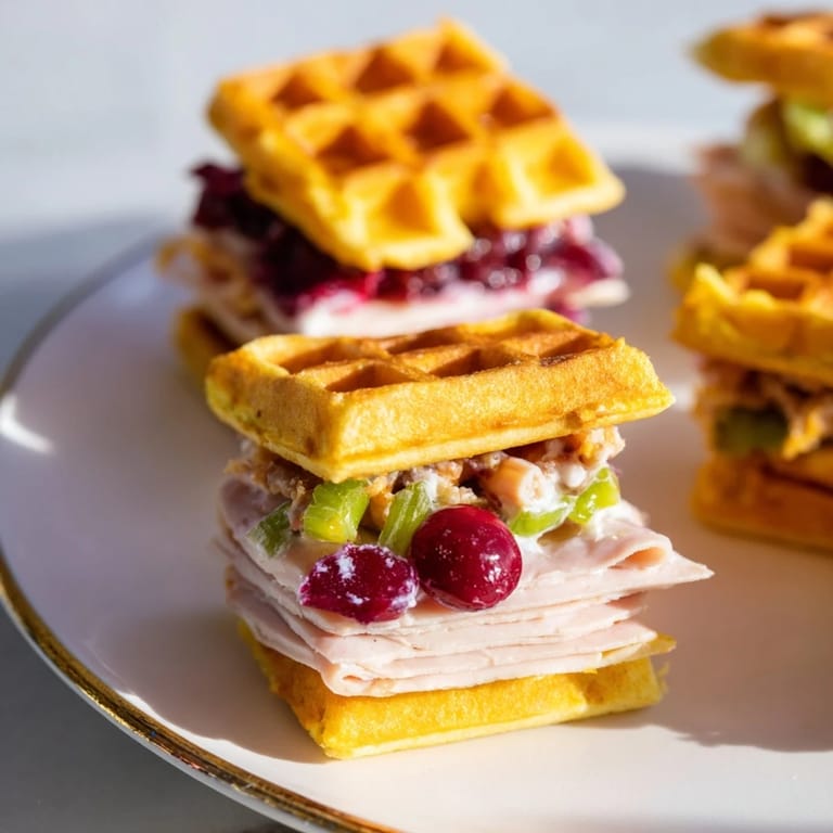 Mini waffles filled with creamy cranberry jalapeño dip and turkey, perfect for parties.  