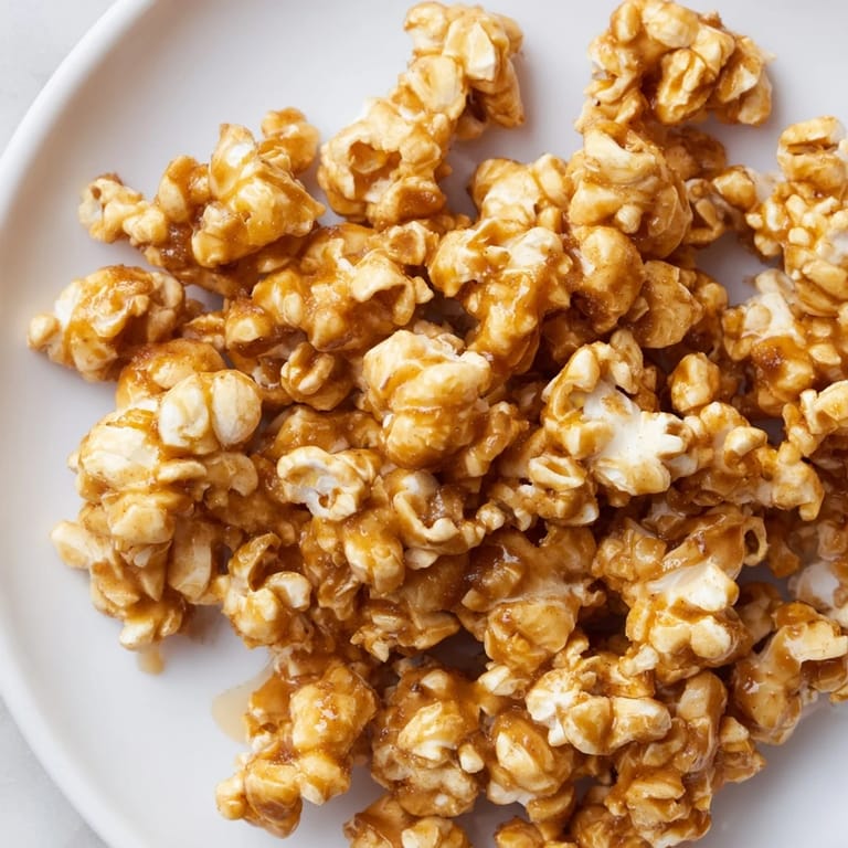 Crunchy popcorn treat coated in creamy maple glaze, perfect for cozy holiday gatherings.  