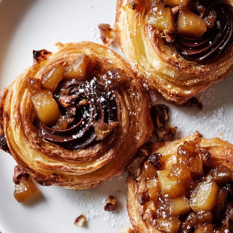 Golden brown Caramel Apple Nutella Pinwheels topped with nuts and powdered sugar dusting.