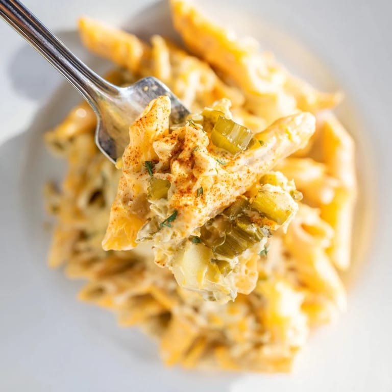 Delicious Pickle and Cheddar Loaded Potato Pasta in a rich, tangy sauce.