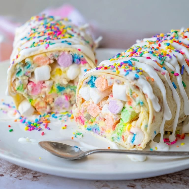 Delightful wraps filled with soft cake, creamy frosting, and vibrant rainbow sprinkles.  