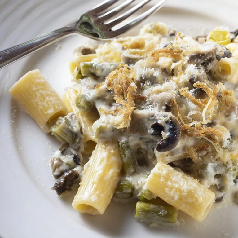 Baked Thanksgiving Green Bean Casserole Pasta, a comforting dish with greens and mushroom.  