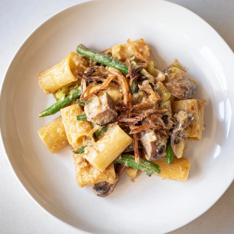 Warm Thanksgiving Green Bean Casserole Pasta mixing flavors of cheese, green beans, and herbs.