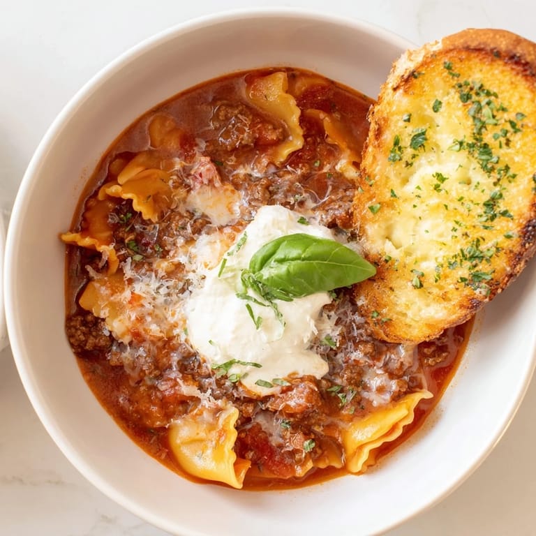 Deconstructed Lasagne Soup blending rich tomato flavors with melting cheeses.