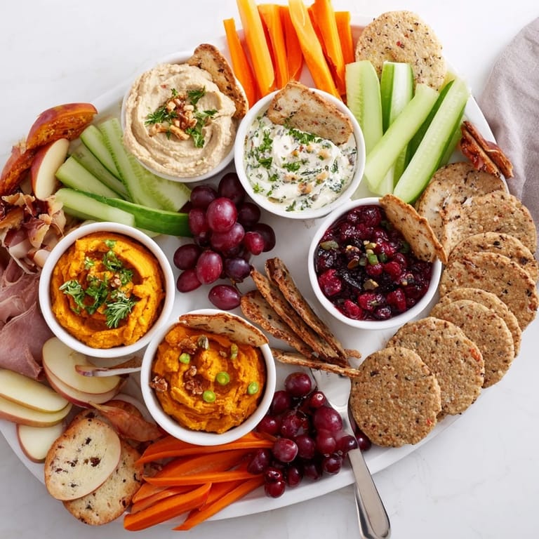 Delicious Thanksgiving Dip Board featuring creamy dips, sliced fruits, and elegant garnishes.