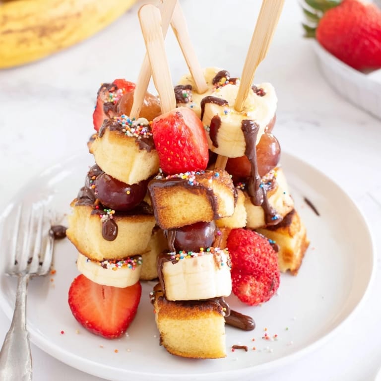 Delicious Chaos Cake Pancake Skewers stacked with fresh fruit and cake cubes.
