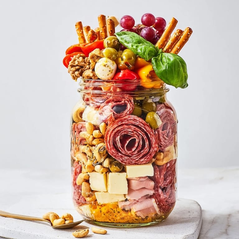 Delicious Monster "Chaos" Charcuterie Jar adorned with fresh basil and crunchy additions.