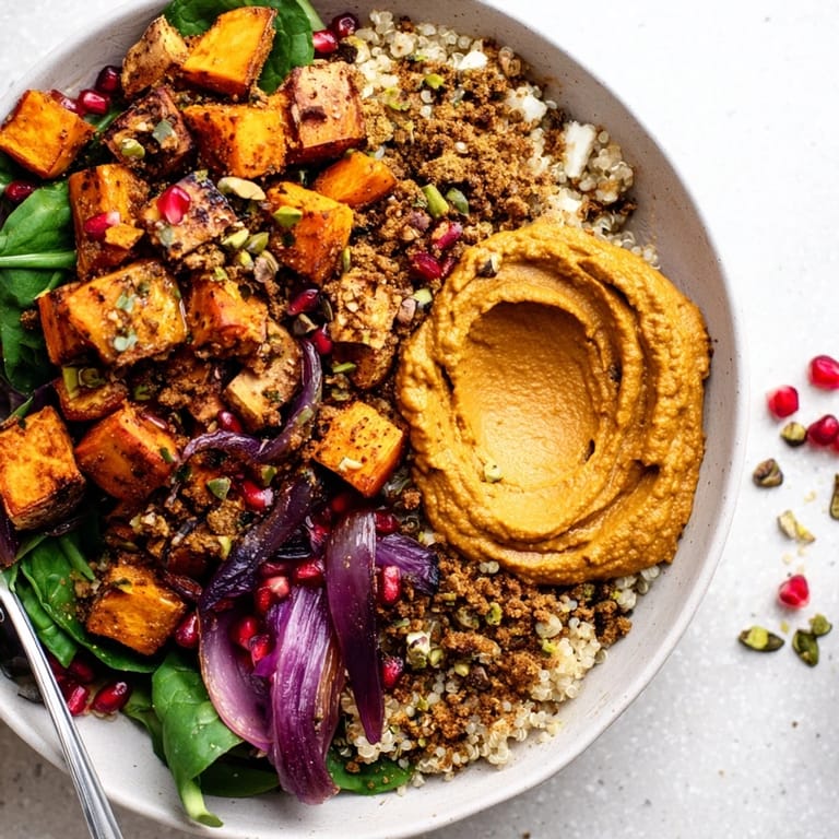 Warm, colorful Spiced Winter Bowls topped with crunchy pistachio-maple crumble and greens.  
