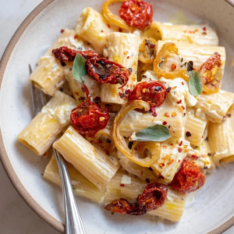 Golden baked feta pasta topped with fresh basil and rich sun-dried tomatoes, truly delicious.  