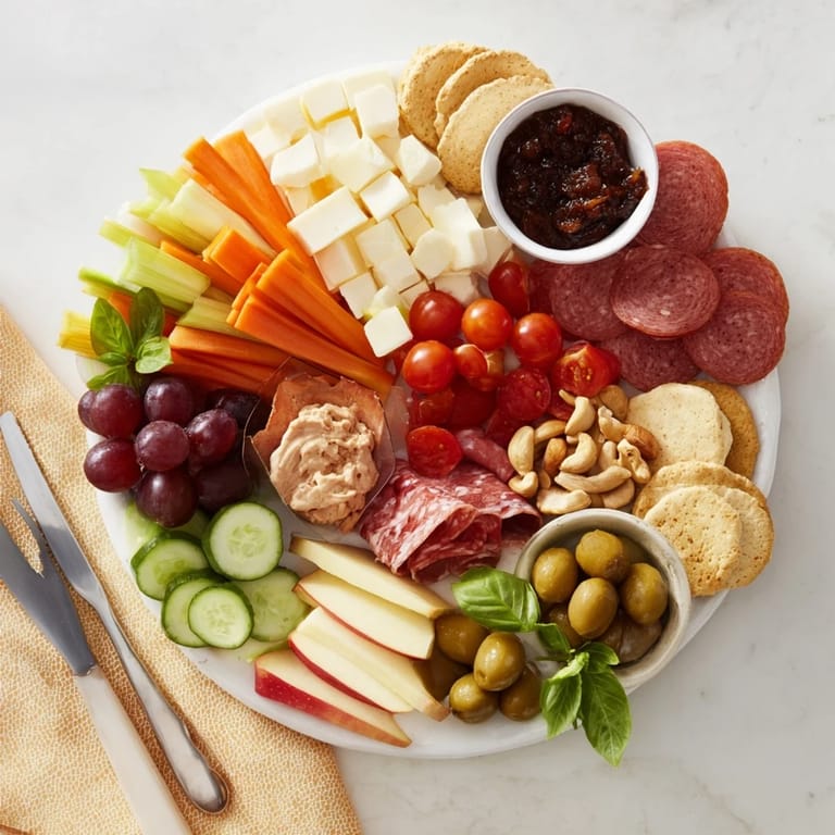 Delightful Girl Dinner Platter showcasing bright veggies, sweet fruits, and savory dips.