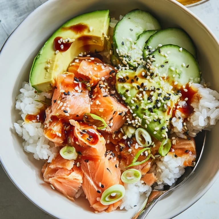 Flavorful leftover salmon & rice bowl served warm with a drizzle of sesame oil.
