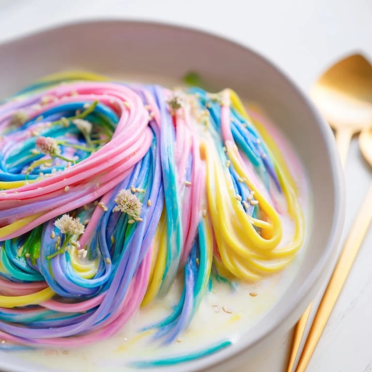 Colorful Neon Noodle Cloud topped with scallions and edible flowers, ideal for parties.  