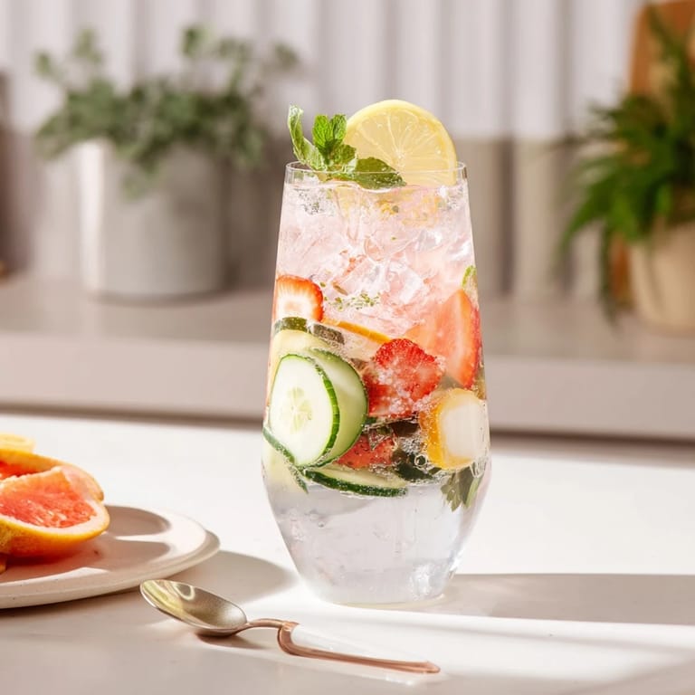 Colorful pitcher of water-based mocktails showcases strawberries and citrus slices delightfully.  