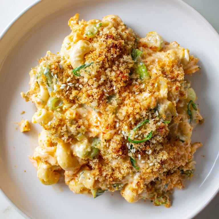 Bowl of spicy kimchi mac & cheese showcasing bubbling cheeses and vibrant kimchi.