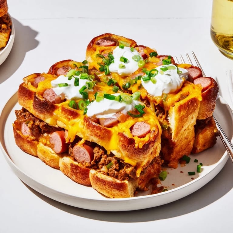 Delicious chili dog casserole with melty cheddar cheese bubbling from the oven.