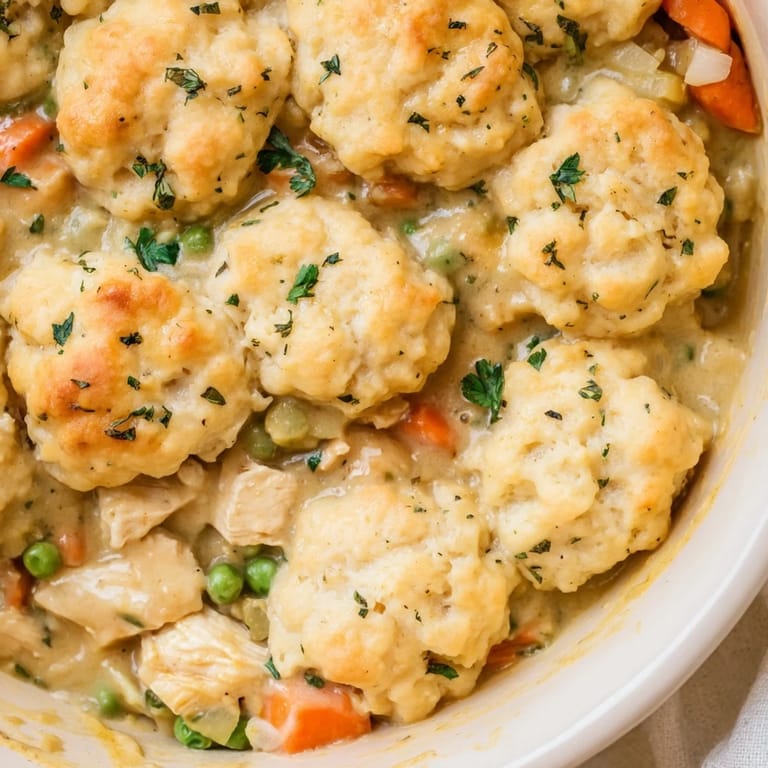 Hearty Chicken and Dumplings Casserole with tender veggies in a savory cream sauce.  