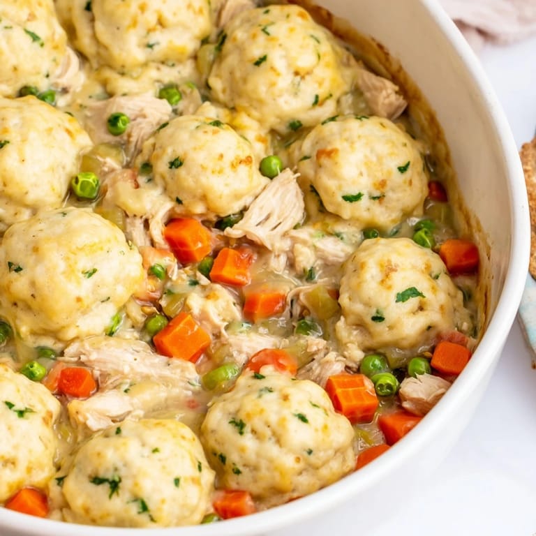 Golden brown Chicken and Dumplings Casserole perfect for cozy family dinners.