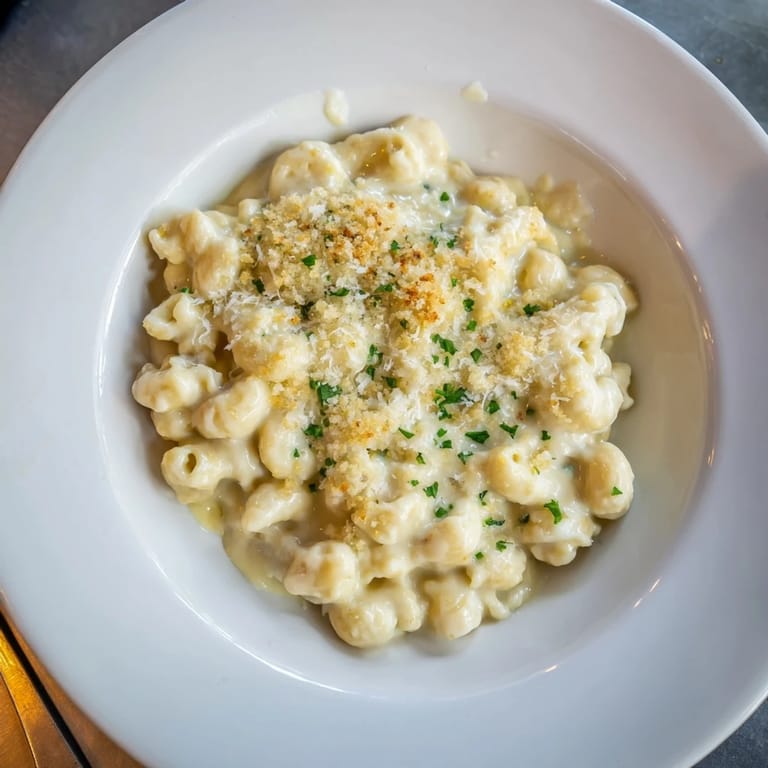 Decadent Truffle Macaroni & Cheese drizzled with aromatic oil, a feast for the senses.  