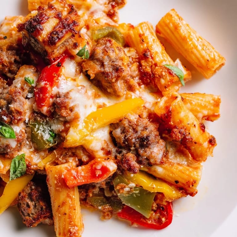 Golden baked rigatoni with sausage and peppers, served with fresh basil for garnish.