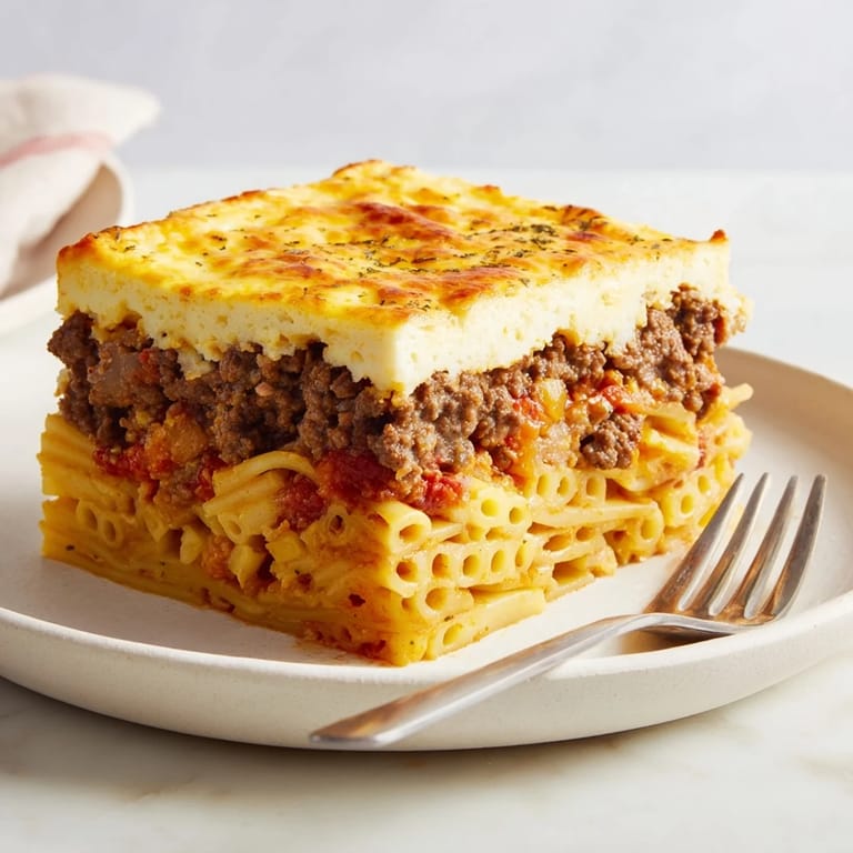 Baked Greek Pastitsio with tubular pasta, rich meat sauce, and golden cheese topping.  