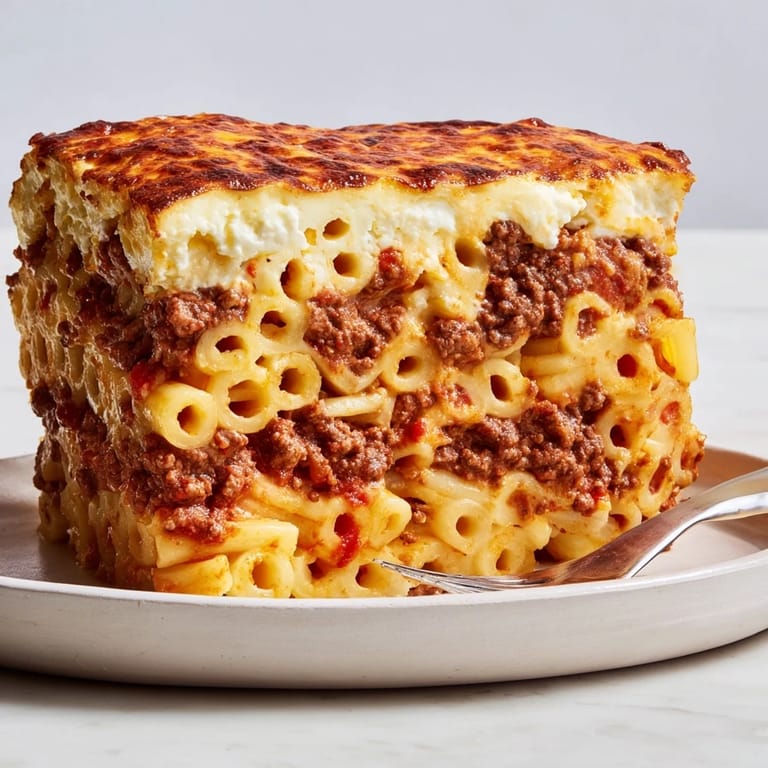 Savory layers of Greek Pastitsio showcasing béchamel sauce and tender ground beef.