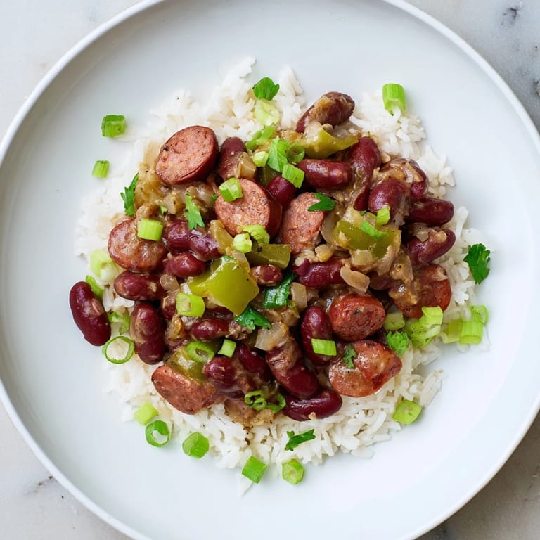 Fragrant Red Beans & Rice served on fluffy white rice, with visible green onion garnish and hot sauce.