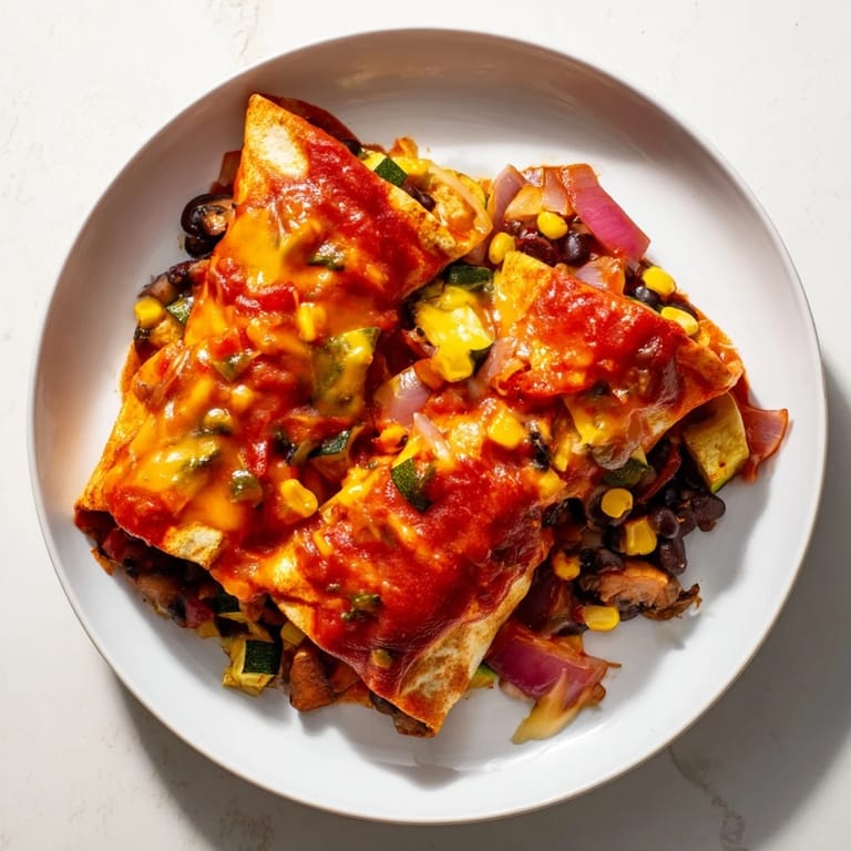Brightly plated Farmers Market Vegetarian Enchiladas, a flavorful dish full of fresh, seasonal ingredients for dinner.