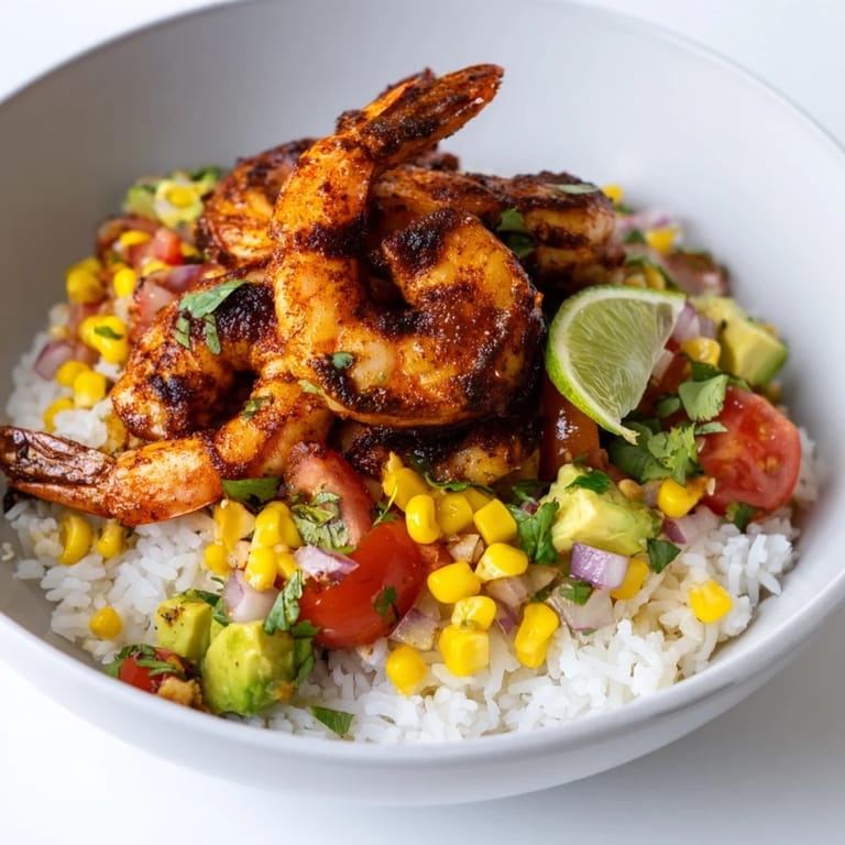 Flavorful blackened shrimp bowls, ready to eat, served with a cool, creamy Southwestern corn and avocado salsa.