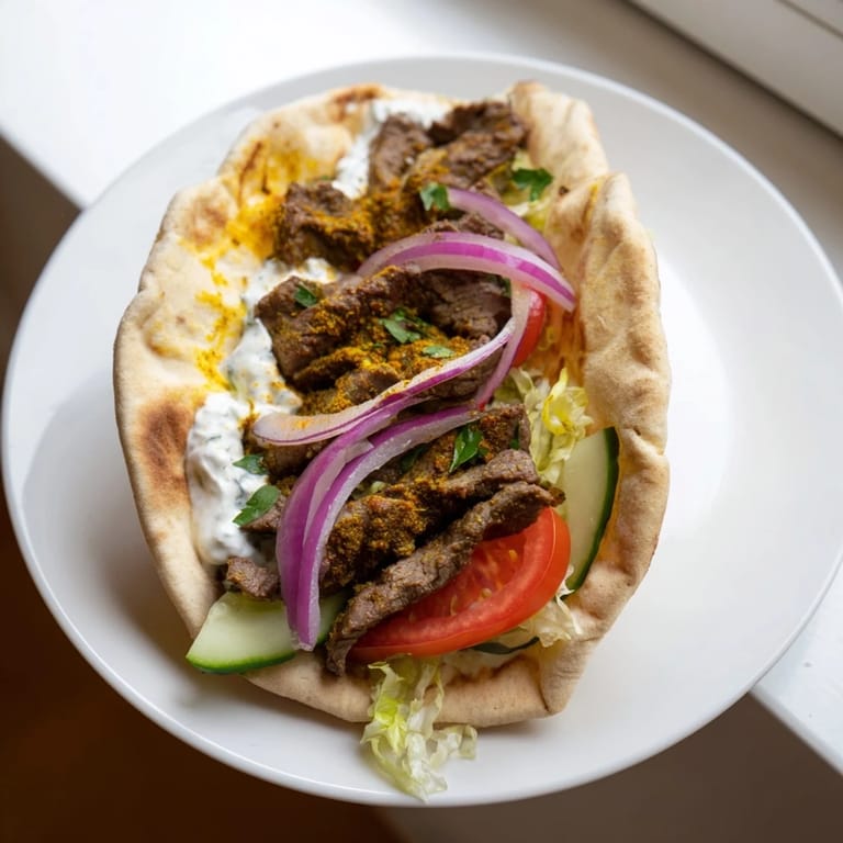 Close-up of a Beef Shawarma Wrap, showing delicious layers of meat, veggies, and sauce for dinner.