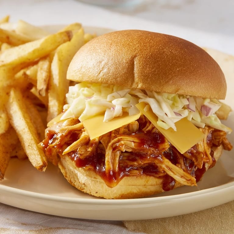 Savory BBQ Chicken Sliders with melted cheese, filled with tender chicken, served hot with crispy fries.