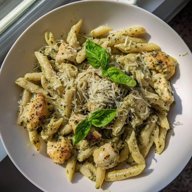 Close-up of Creamy Pesto Penne & Chicken: a forkful with basil, ready to savor.