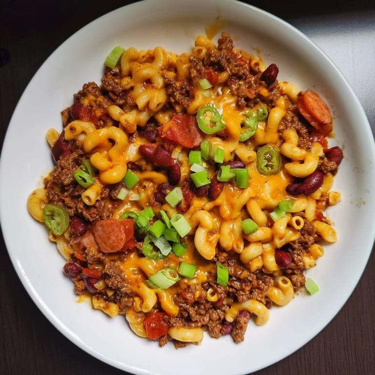 Close-up of a bubbling Chili Cheese Dog Mac & Cheese, showcasing the chili and hot dog chunks.