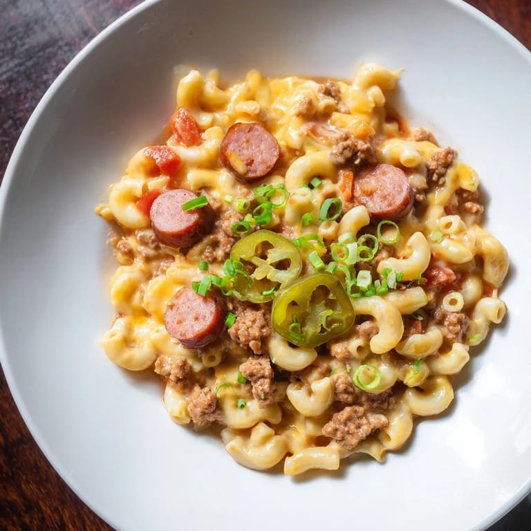 Golden-browned Chili Cheese Dog Mac & Cheese, with green onion garnish, ready to serve and enjoy.
