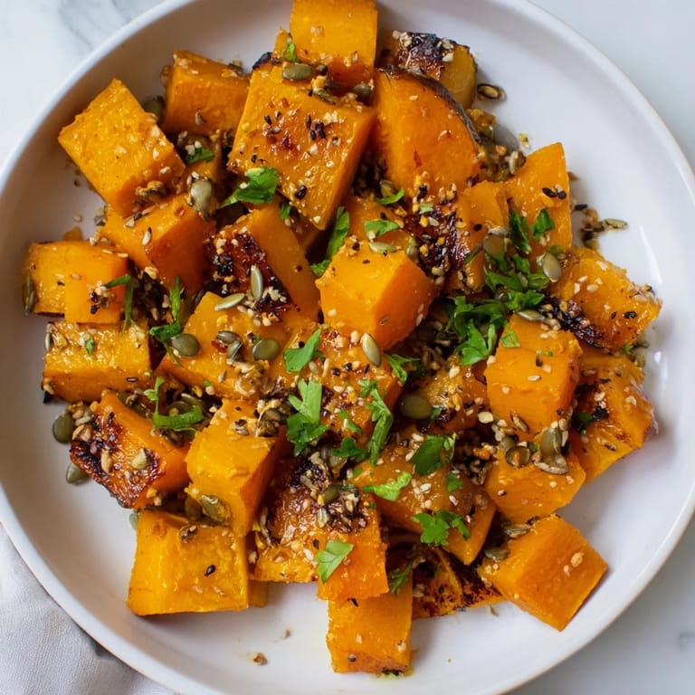 Freshly made Roasted Brussels Sprouts & Butternut Squash, tossed and ready to serve, a flavorful meal.